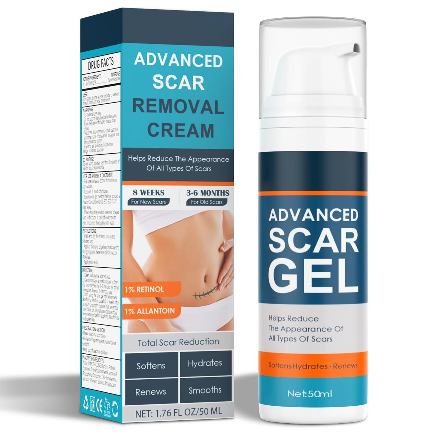 Scar Cream, Advanced Scar Gel for Old &amp; New Scars, Professional Scar Removal Cream For Surgical Scars, Face, Body, Leg, Acne, Stitches, Burns, C-Section, Keloids, 1.76oz