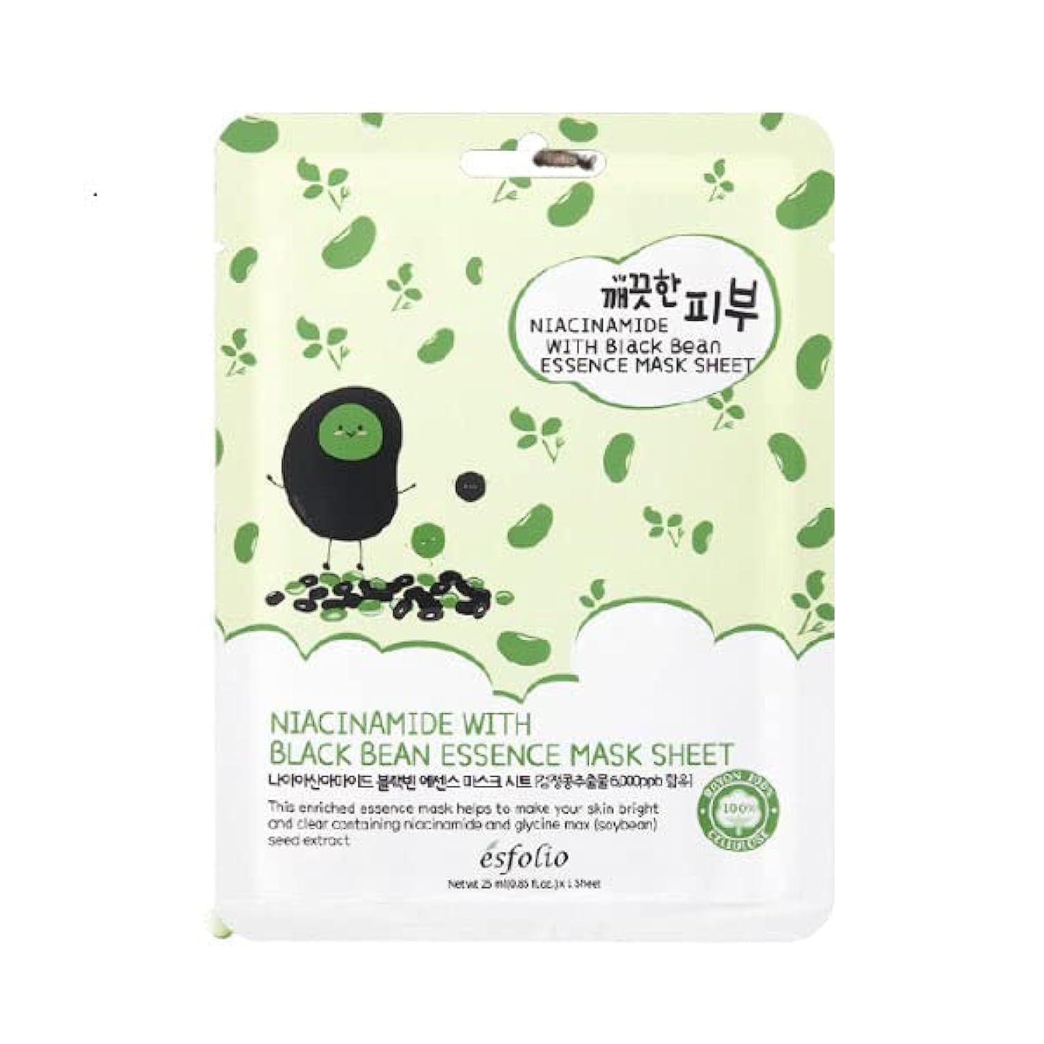 esfolio Niacinamide Black Bean Essence Mask Sheet - Hydrating Korean Face Mask for Dark Spots, Pore Care, Oil Control, Improves Skin - Moisturizing Skin Pack of 10