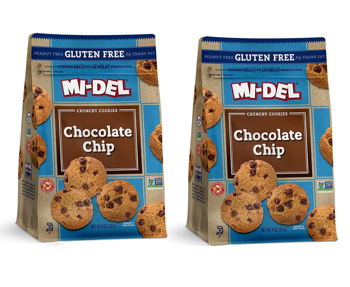 Mi-Del Gluten Free Chocolate Chip Cookies - Crunchy Chocolate Cookies, Non-GMO Certified, 0g Trans Fat, Kosher, Peanut Free - Healthy Snack, 8oz Pack of 2