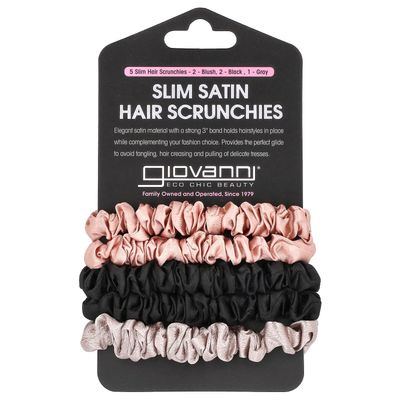 GIOVANNI Slim Satin Hair Scrunchies - Silk Hair Ties, Small Silk Scrunchies for Hair, Satin Hair Ties, Silk Skinny Scrunchies, For Healthy-Looking Hair &amp; Skin - Scrunchie Pack of 5