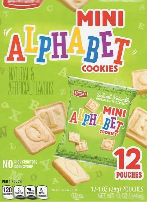 Mini Alphabet Cookie Box, On the Go, 12, 1oz Benton Pouches, School Friendly Nut Free, Kids Snack Snacking Treat Food