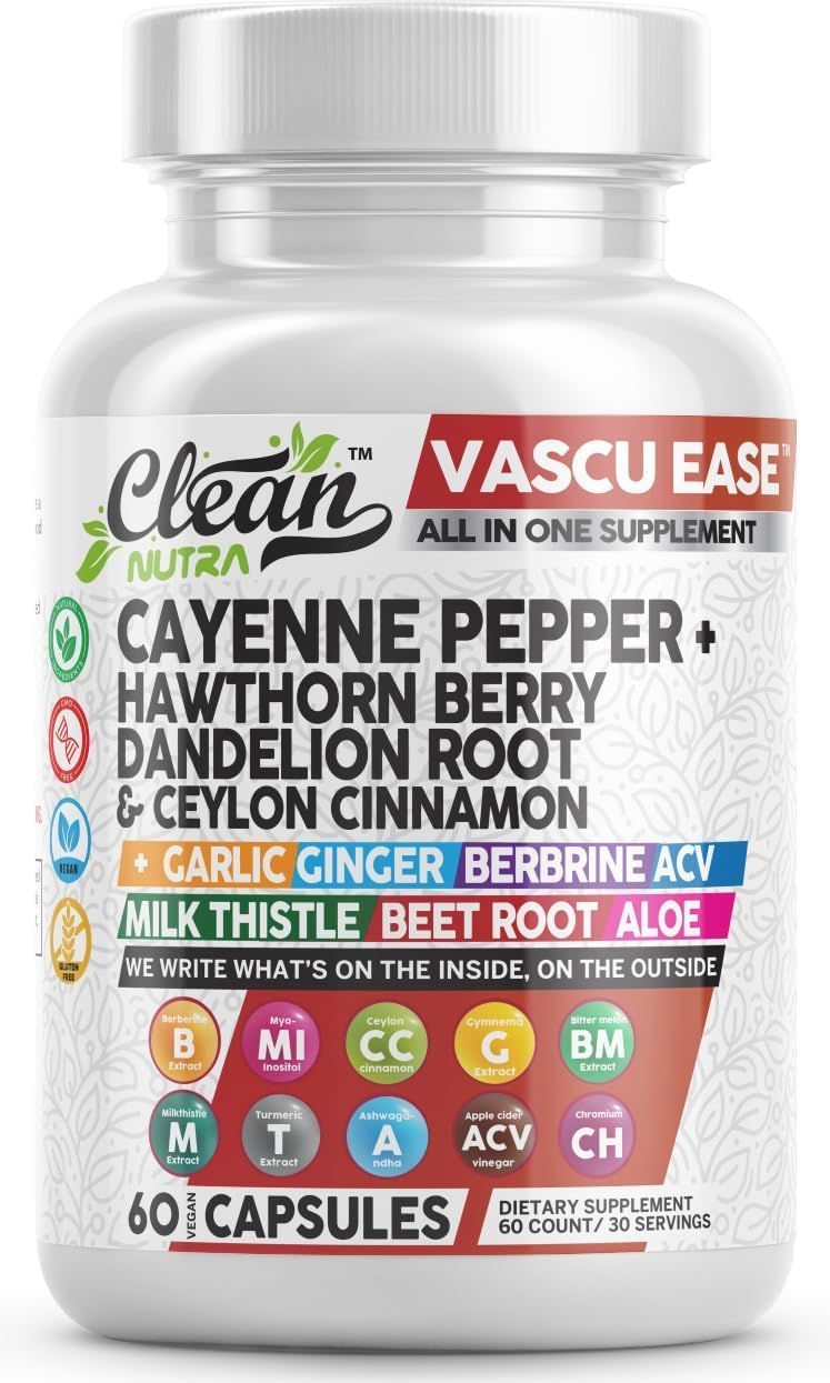 Clean Nutra Cayenne Pepper Capsules Supplement with Hawthorn Berry, Dandelion Root, Ceylon Cinnamon, Garlic, Ginger, Berberine, Apple Cider Vinegar, Milk Thistle, Beet Root, Aloe Vera Pills &amp; More