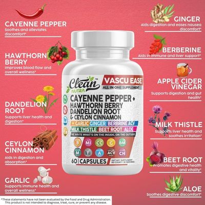 Clean Nutra Cayenne Pepper Capsules Supplement with Hawthorn Berry, Dandelion Root, Ceylon Cinnamon, Garlic, Ginger, Berberine, Apple Cider Vinegar, Milk Thistle, Beet Root, Aloe Vera Pills &amp; More