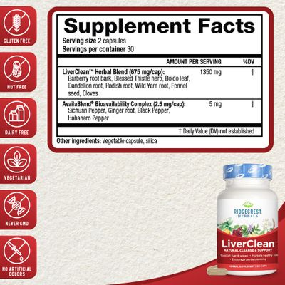 Ridgecrest Herbals LiverClean, Herbal Liver Support Supplement, Blessed Thistle, Dandelion, Detox, Cleanse Support, Healthy Bile 60 Caps, 30 Serv