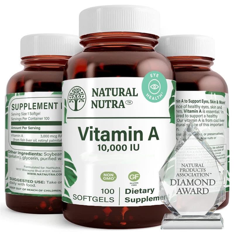 Natural Nutra Vitamin A 10,000 IU Softgels - High Potency Eye and Skin Vitamins - Gluten-Free - Supplement for Sight &amp; Skin Health - Fish Liver Oil for Men and Women, Gluten Free 250 Softgels 2 Pack