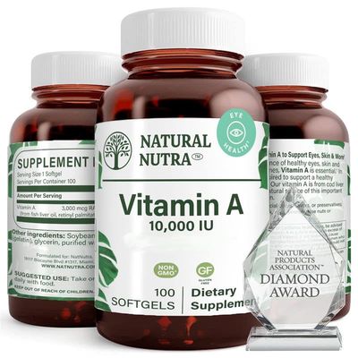 Natural Nutra Vitamin A 10,000 IU Softgels - High Potency Eye and Skin Vitamins - Gluten-Free - Supplement for Sight &amp; Skin Health - Fish Liver Oil for Men and Women, Gluten Free 250 Softgels 2 Pack