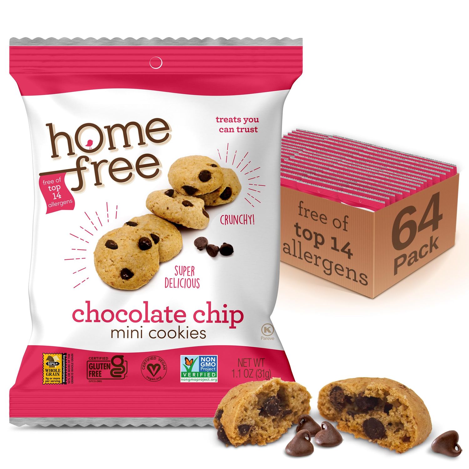 Homefree Treats You Can Trust Gluten Free Mini Cookies, Single Serve, Chocolate Chip, 1.1 Ounce Pack of 64
