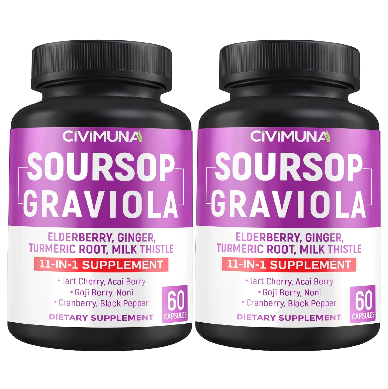 Soursop Graviola Capsules with Elderberry, Turmeric Curcumin and More - 120 Capsules for 4 Months Supply Pack of 2