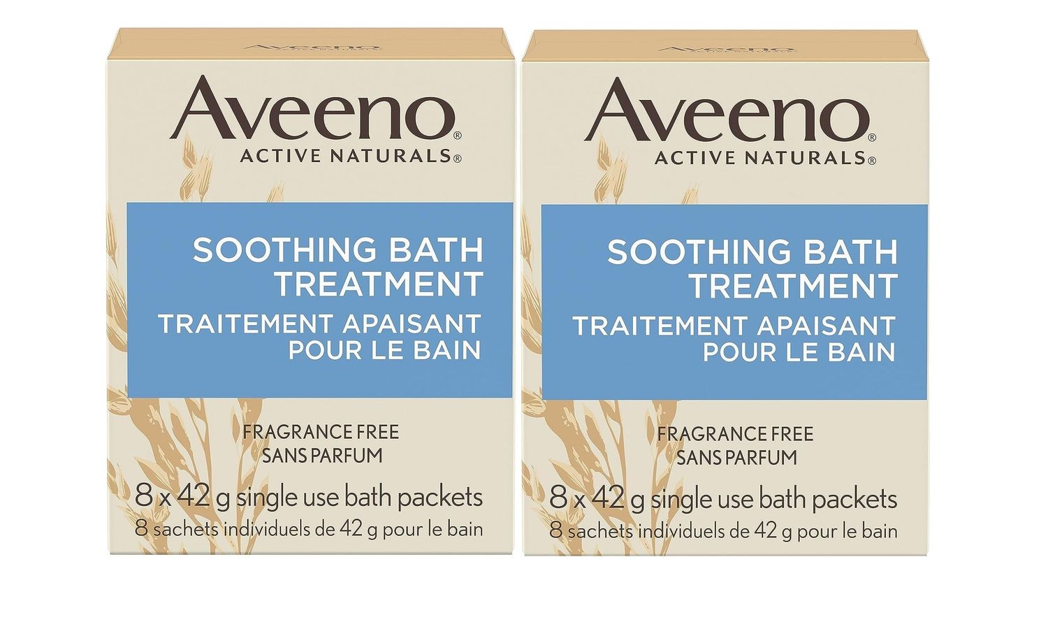 Aveeno Fragrance Free Soothing Bath Treatment, 100 Natural Colloidal Oatmeal, Sensitive Skin Bath Soak for Relief of Dry, Itchy, Irritated Skin Due to Eczema &amp; Hives, Bath Packets, 8 ct. Pack of 2