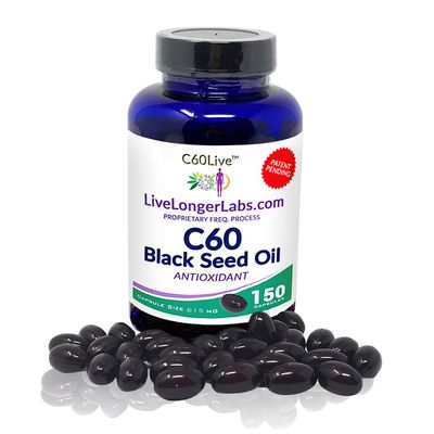 C60live - Carbon 60 Fullerene with Black Seed Oil - Antioxidant Supplement - for Blood Pressure, Cholesterol &amp; Liver Support - All Natural Ingredients - 150 Gel Capsules