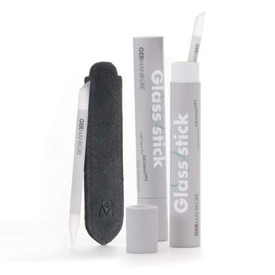 GERMANIKURE Grey Glass Cuticle Stick in Suede Sleeve - Ethically Made in Czech Republic - Cuticle Pusher & Remover, Callous & Dry Skin Fingertip File, Nail Shaper