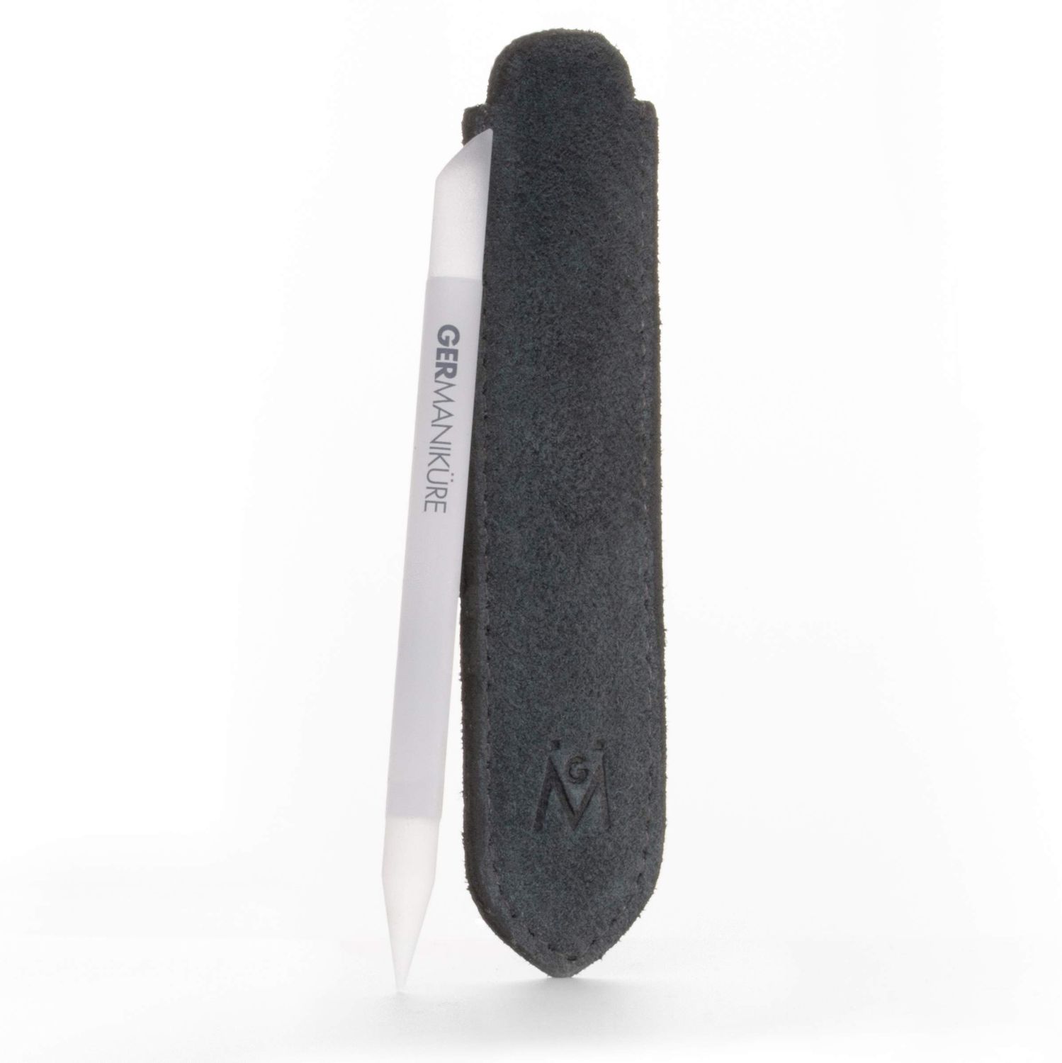 GERMANIKURE Grey Glass Cuticle Stick in Suede Sleeve - Ethically Made in Czech Republic - Cuticle Pusher &amp; Remover, Callous &amp; Dry Skin Fingertip File, Nail Shaper