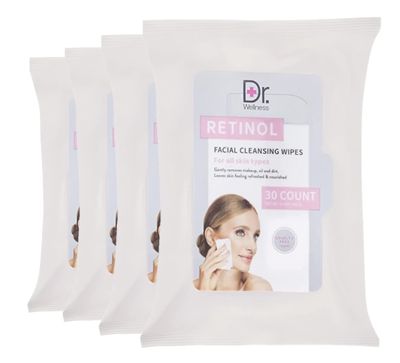 Dr. Wellness Gentle Cleansing Facial Wipes Variety Pack for All Skin Types, 30 Count Pack of 4, Retinol