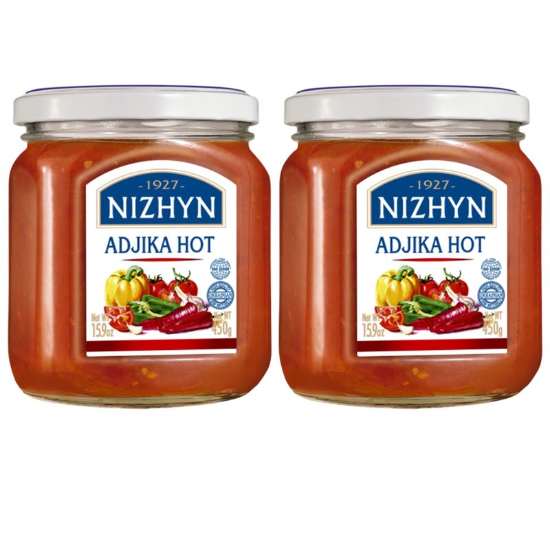 Nezhin Delicious Adjika Hot, Flavored Spicy Sauce, No Added Preservatives, 450 Grams15.9oz Pack of 2