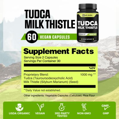 WELBUDA 1000mg Tudca Supplement with Milk Thistle Extract - 60 Vegan Capsules - Support for Immune System, Digestion Health, Body Purification &amp; Brain Health