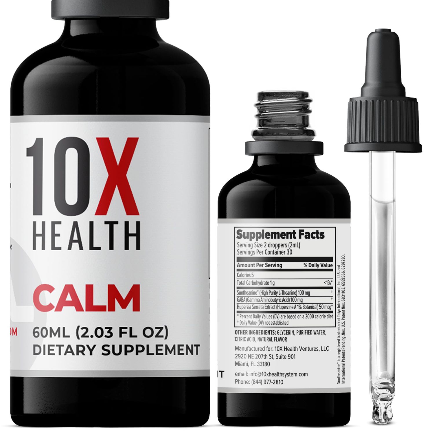 10X Health Calm GABA L-theanine Supplement Liquid Drops - 100mg L Theanine Drops &amp; 100mg GABA Supplements to Support Nerves, Calm &amp; Stress - Natural Flavor 2.03 Fl oz.