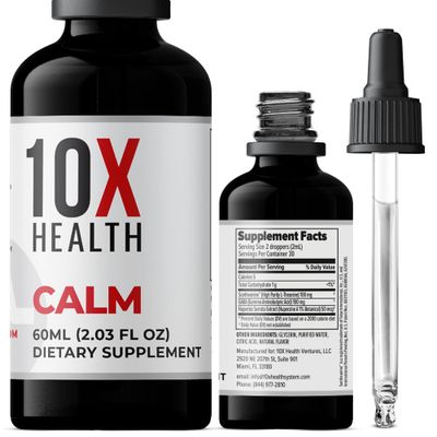 10X Health Calm GABA L-theanine Supplement Liquid Drops - 100mg L Theanine Drops &amp; 100mg GABA Supplements to Support Nerves, Calm &amp; Stress - Natural Flavor 2.03 Fl oz.