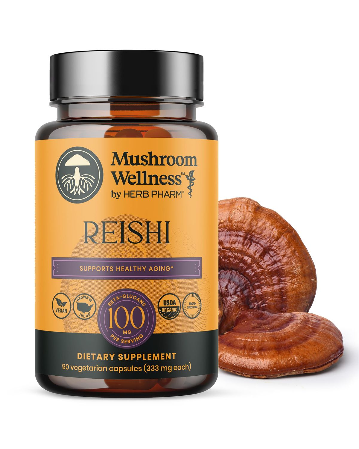 Organic Red Reishi Mushroom Capsules, Reishi Mushroom Powder Supplement, Immune Support, Traditional Nervous System Support &amp; Cardiovascular Health, 90 Vegan Capsules