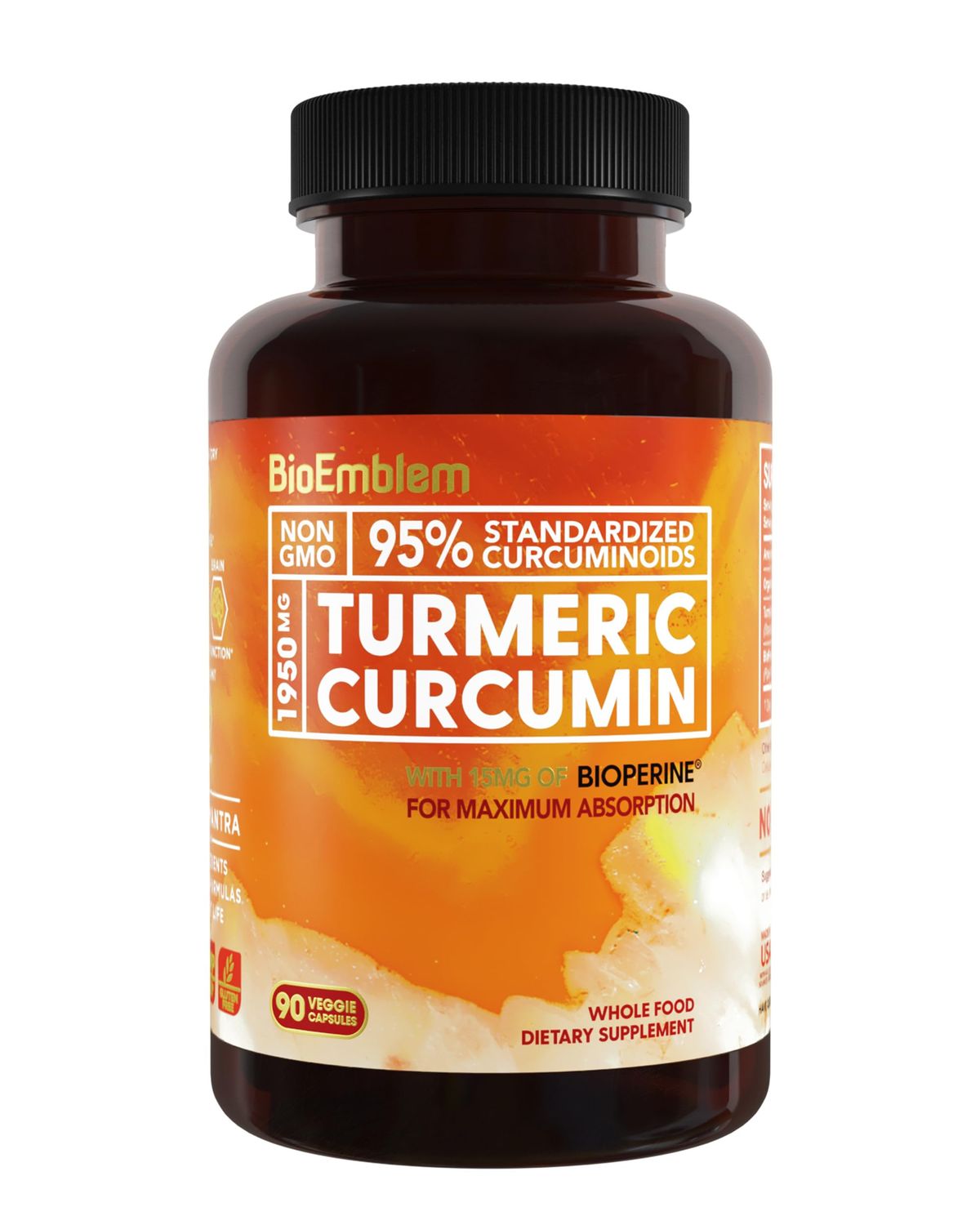 BioEmblem Turmeric Curcumin Supplement with BioPerine Joint Support &amp; Heart Health with Organic Turmeric Powder &amp; 95 Curcuminoids Extract California Made, Non-GMO, 30-Day Supply