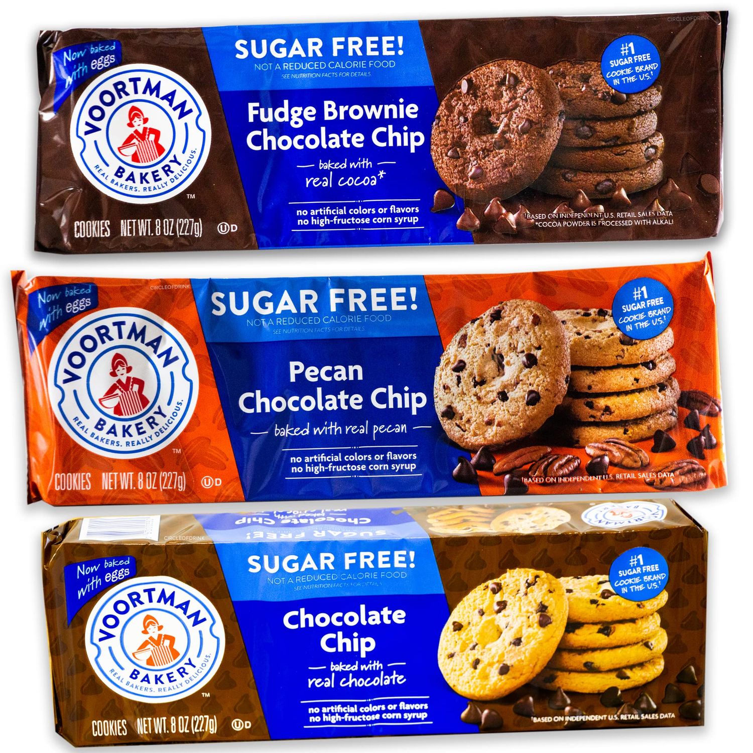 Voortman Sugar Free Cookies - Variety Pack - Chocolate Chip 1, 8oz pack - Fudge Brownie Chocolate Chip 1, 8oz pack - Pecan Chocolate Chip 1, 8oz pack - 3 Packs Total