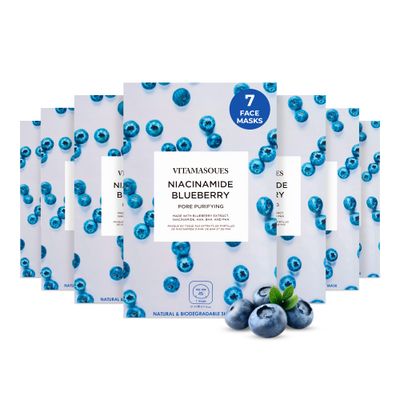 Vitamasques Niacinamide Blueberry Face Sheet Mask 7 Pack - Pore Purifying Korean Skin Care Sheet Face Mask Improves Uneven Skin Tone &amp; Reduces Blemishes