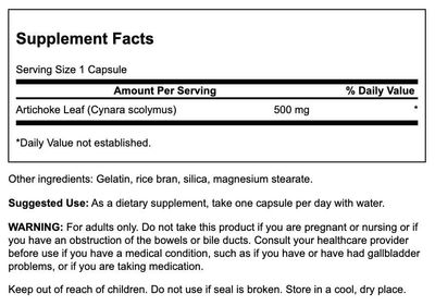 Swanson Artichoke Leaves Cynara Scolymus 500 Milligrams 60 Capsules