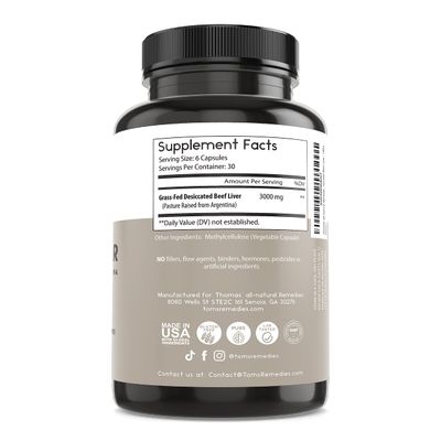 Thomas' all-natural Remedies Grassfed Beef Liver Supplement, 3000mg Liver Support Supplement, Pasture Raised in Argentina, Non-GMO &amp; Hormone Free 180 Caps
