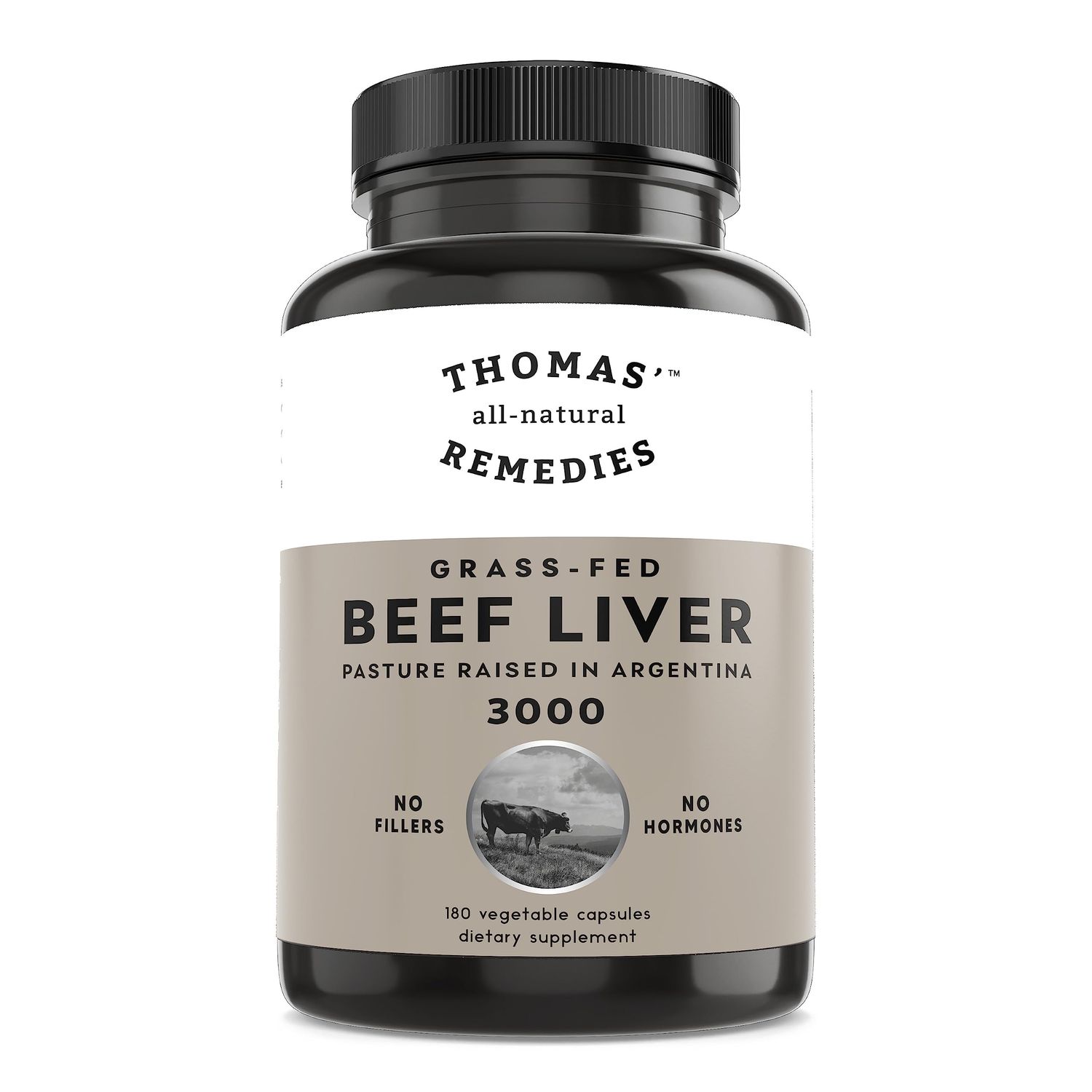 Thomas&#39; all-natural Remedies Grassfed Beef Liver Supplement, 3000mg Liver Support Supplement, Pasture Raised in Argentina, Non-GMO &amp; Hormone Free 180 Caps