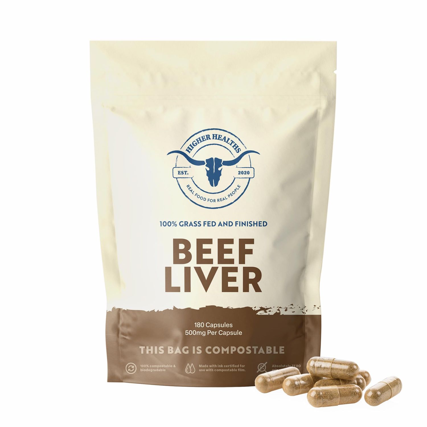 Higher Healths Beef Liver - Natures Multivitamin -100 USA Beef - 180 Capsules Bag