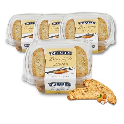 DeLallo Vanilla Almond Biscotti, 4 Pack, Authentic Italian Recipe, Twice Baked Cookies Non-GMO All Natural Italian Biscuits Made with Handcrafted Vanilla Bean, 7 oz Container