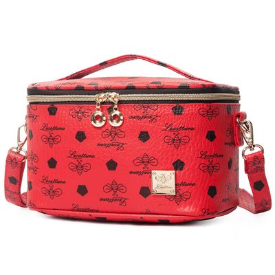 LACATTURA Travel Makeup Bag for Women, Leather Toiletry Bag, Cosmetic Case with Adjustable Divider, Portable Make Up Organizer, Brush Holder with Shoulder Strap, Beauty Storage Bags for Girls, Red