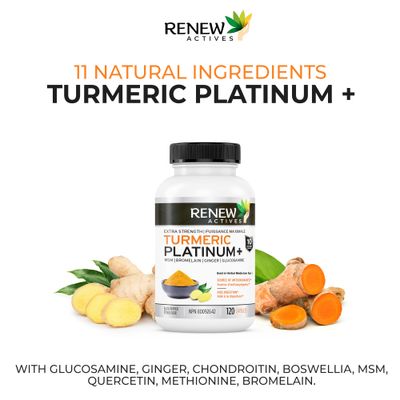 Renew Actives Turmeric Platinum 1350MG per 3 Capsules with Black Pepper & Ginger - Antioxidant, Liver & Digestive Support - Reduces Inflammation & Boosts Immunity - Made in Canada - 120 Capsules