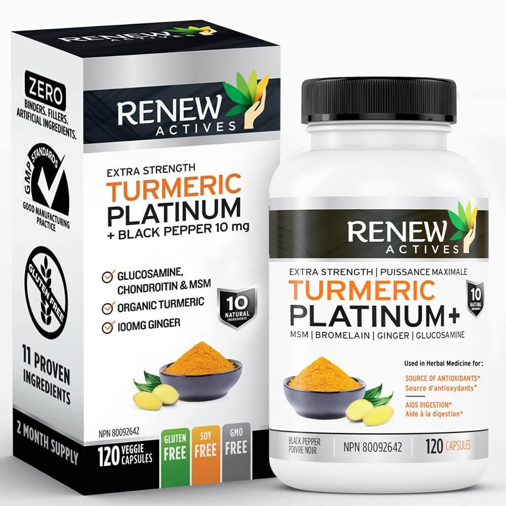 Renew Actives Turmeric Platinum 1350MG per 3 Capsules with Black Pepper &amp; Ginger - Antioxidant, Liver &amp; Digestive Support - Reduces Inflammation &amp; Boosts Immunity - Made in Canada - 120 Capsules
