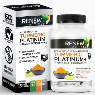 Renew Actives Turmeric Platinum 1350MG per 3 Capsules with Black Pepper &amp; Ginger - Antioxidant, Liver &amp; Digestive Support - Reduces Inflammation &amp; Boosts Immunity - Made in Canada - 120 Capsules