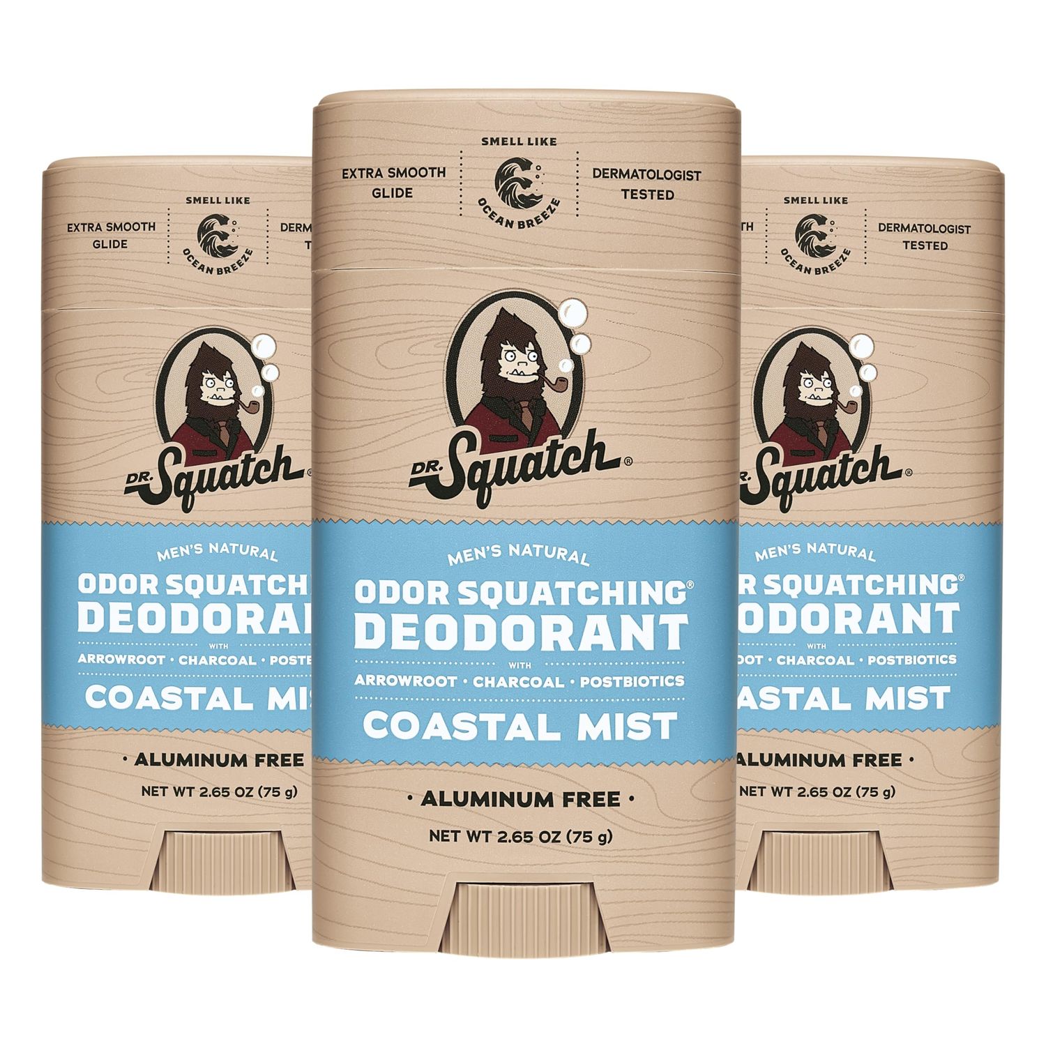 Dr. Squatch Natural Deodorant for Men - Odor-Squatching Aluminum Free - Coastal Mist 2.65 oz, 3-Pack
