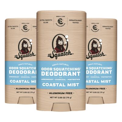 Dr. Squatch Natural Deodorant for Men - Odor-Squatching Aluminum Free - Coastal Mist 2.65 oz, 3-Pack