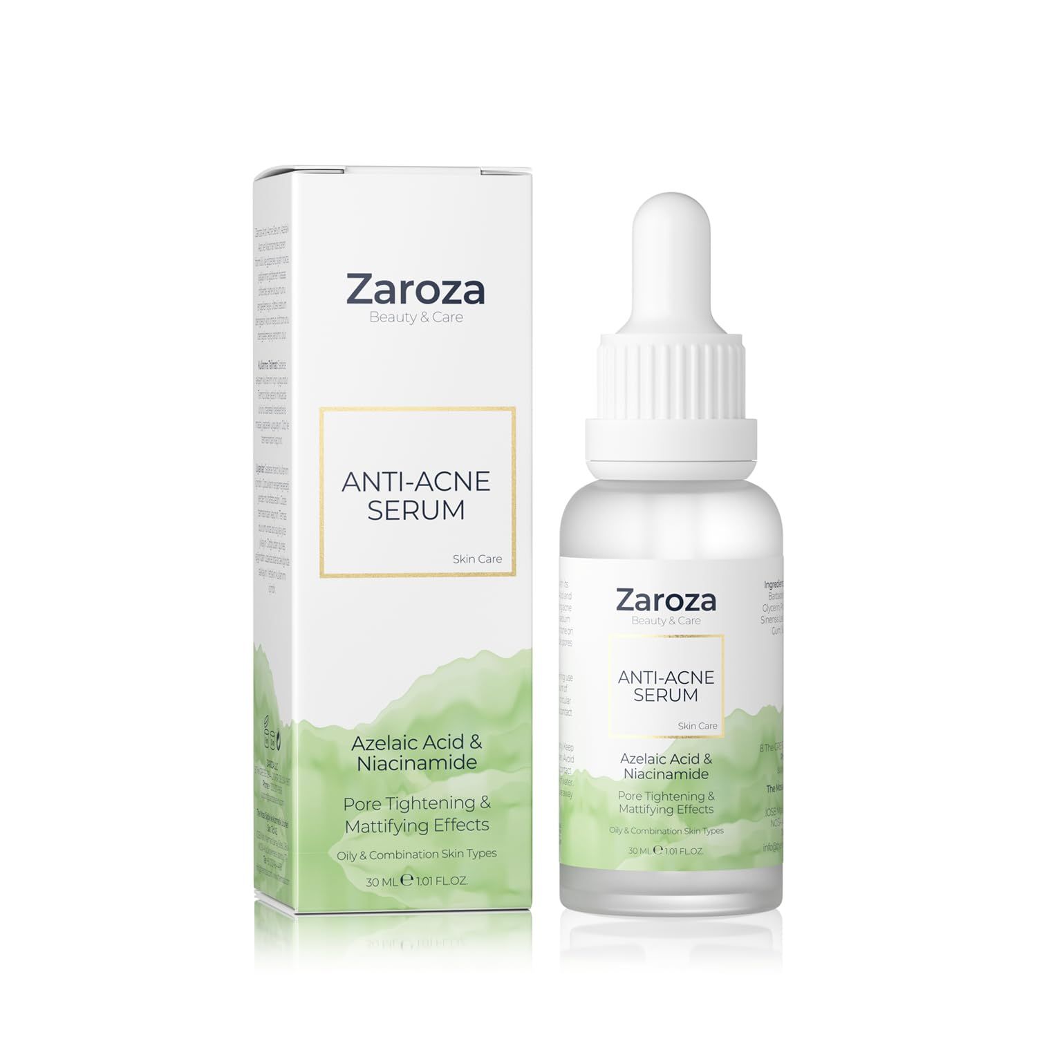 ZAROZA Anti-Acne Serum - Salicylic Acid, Azelaic Acid &amp; Niacinamide Formula - Clears Acne, Fights Breakouts, Balances Oily Skin &amp; Fades Dark Spots - Vegan Face &amp; Body Serum - 1 fl oz