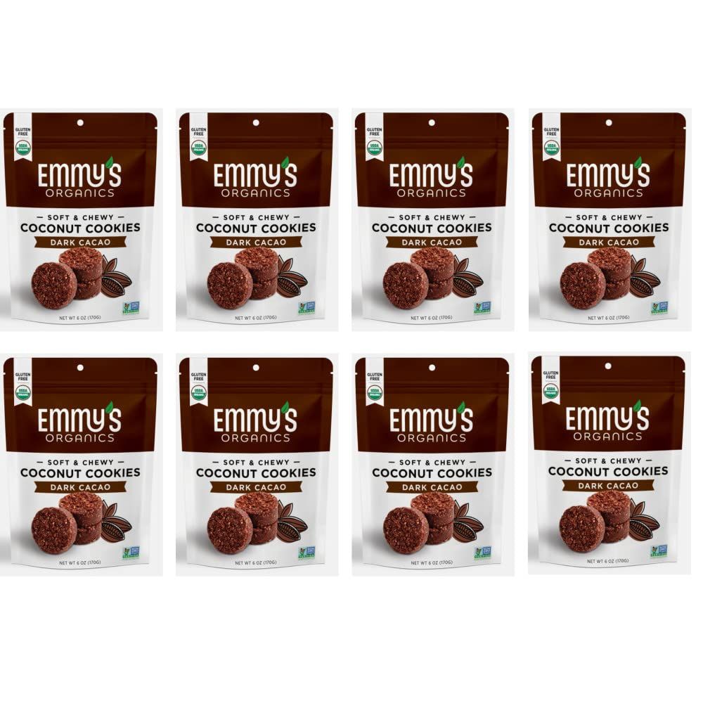 Emmy&#39;s Organics Dark Cacao Coconut Cookies Pack of 8, Gluten-Free, Organic, Vegan, Paleo-Friendly