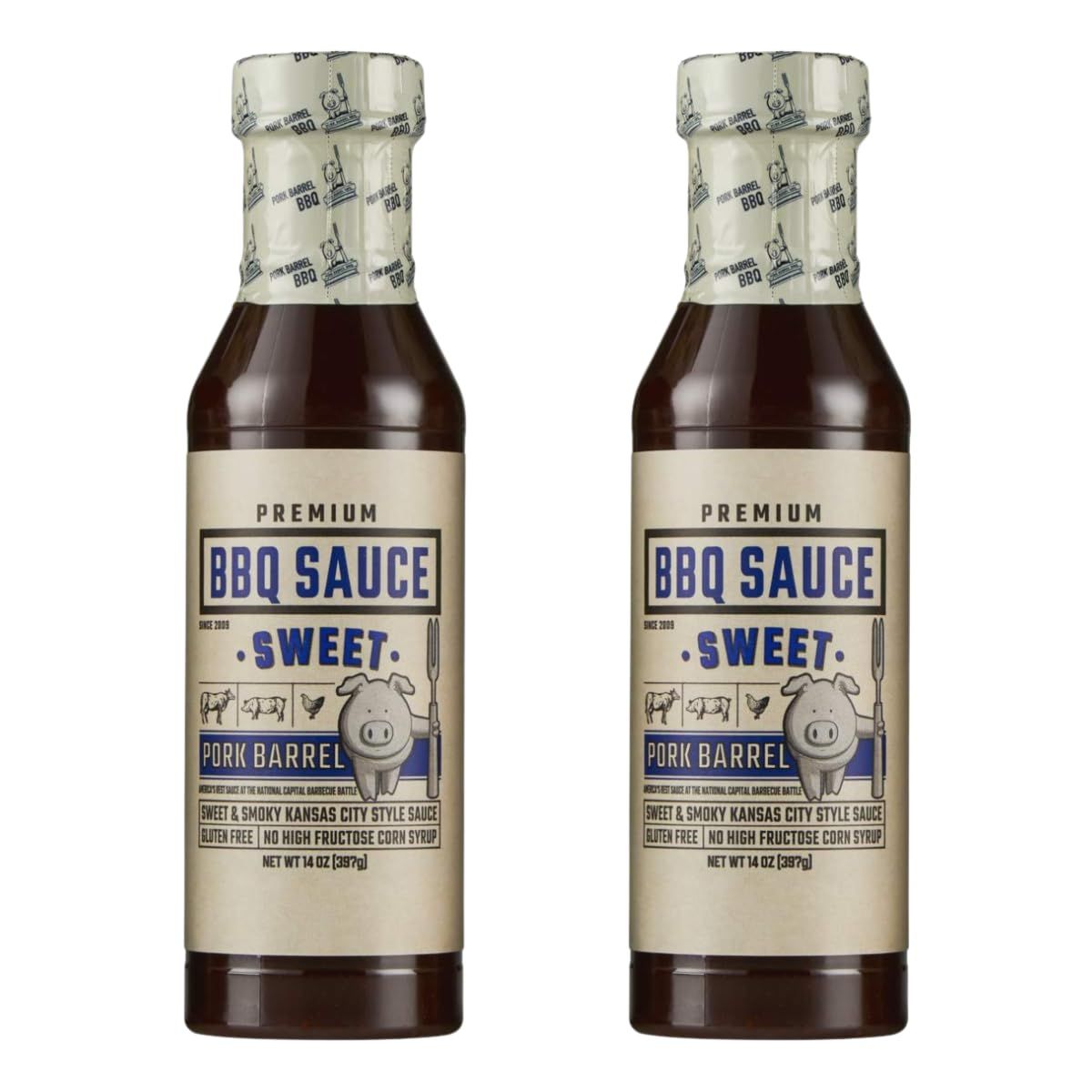 Pork Barrel Sweet BBQ Competition Sauce Sweet Smoky Kansas City Style Small Batch, No High Fructose Corn Syrup, Gluten-Free Pork, Chicken, Turkey, Grilling Essential, Gifts for Dad 14oz, 2-Pack