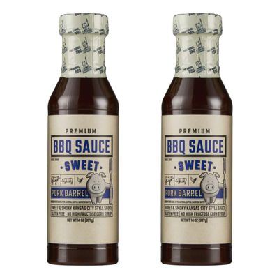 Pork Barrel Sweet BBQ Competition Sauce Sweet Smoky Kansas City Style Small Batch, No High Fructose Corn Syrup, Gluten-Free Pork, Chicken, Turkey, Grilling Essential, Gifts for Dad 14oz, 2-Pack