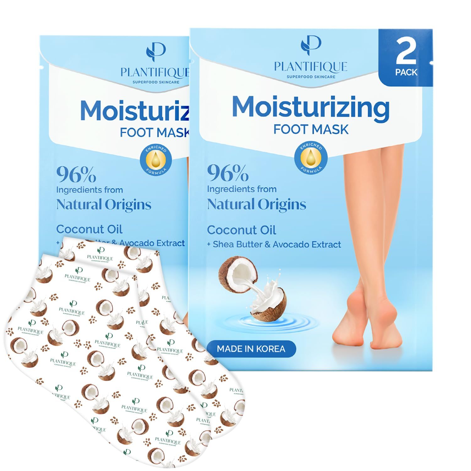 PLANTIFIQUE Korean Foot Mask with Shea Butter 2 Pairs Box for Dry &amp; Cracked Feet Hydrating Socks for Soft Heels Intense Moisturizing and Repairing Dry Rough Skin Foot Spa Happy Feet Mask