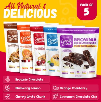 Cooper Street Twice Baked Biscotti Cookies Variety Pack - 5 Pack 5oz Each - Light and Crispy Coffee Cookies 5 Flavors Assortment - Low-Calorie Snacks for Adults & Kids - Dairy & Peanut Free, Kosher