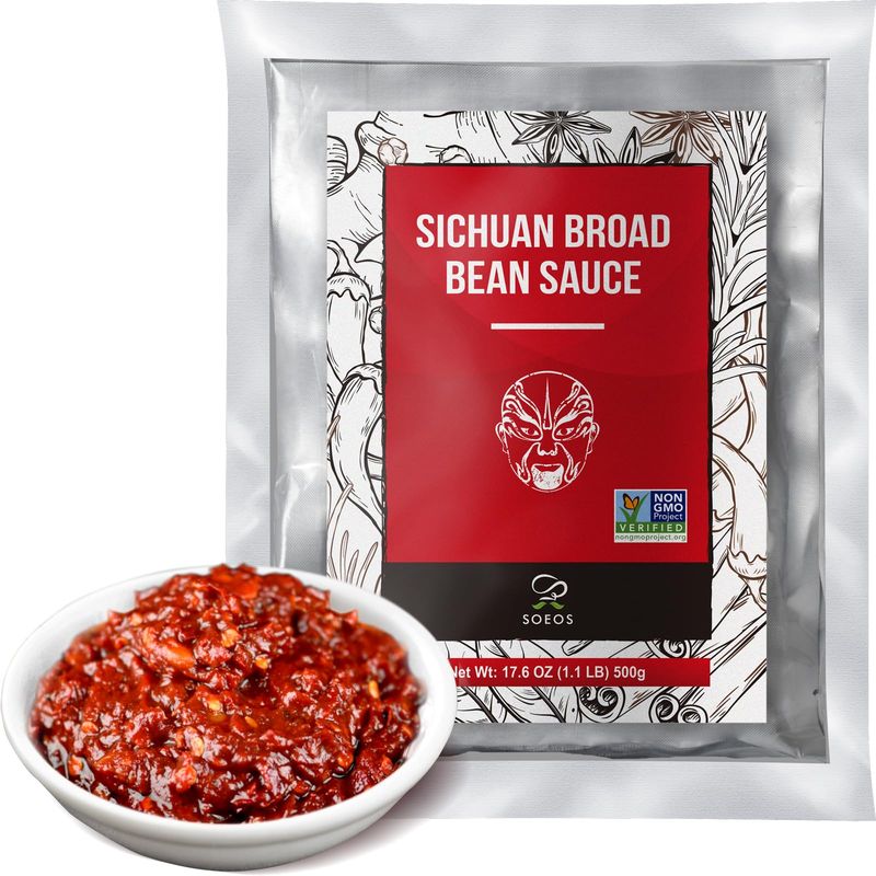Soeos Sichuan Broad Bean Sauce, 17.6 Ounce 1.1 lb 500g, Pixian Doubanjiang Chili Paste, Hong You Dou Ban with Red Chili Oil, Soybean Paste, Pixian Boad Bean Paste