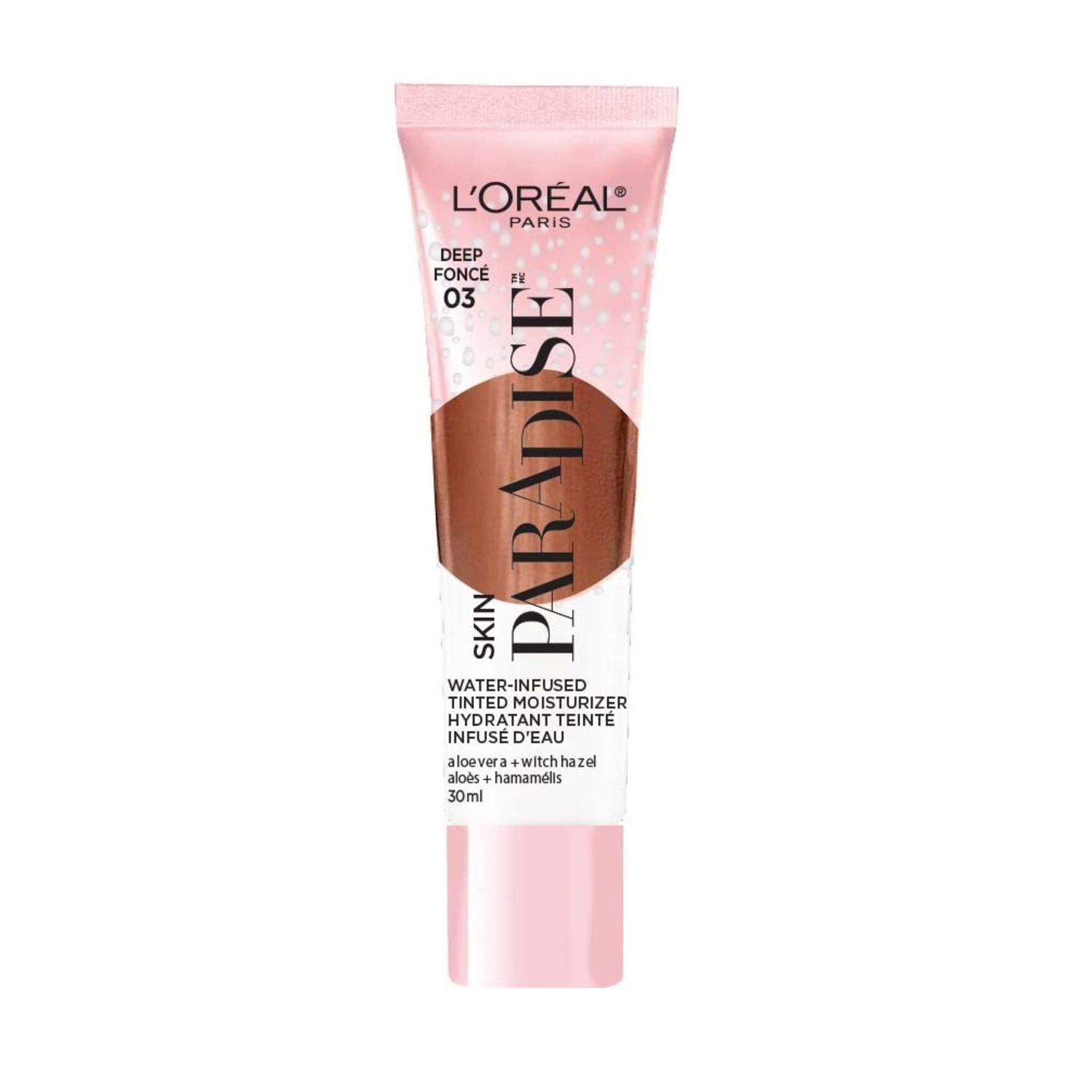 L&#39;Oreal Paris Skin Paradise Water-infused Tinted Moisturizer with Broad Spectrum SPF 19 sunscreen lightweight, natural coverage up to 24h hydration for a fresh, glowing complexion, Deep 03, 1 fl oz