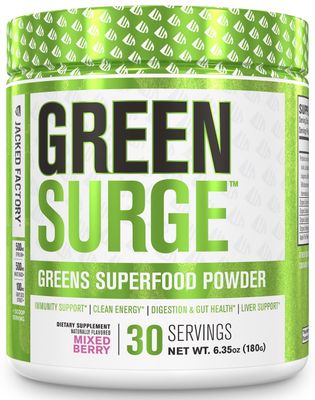 Jacked Factory Green Surge Green Superfood Powder - Keto Friendly Greens Drink wSpirulina, Wheat &amp; Barley Grass, Organic Greens - Green Tea Extract, Probiotics &amp; Digestive Enzymes - Mixed Berry