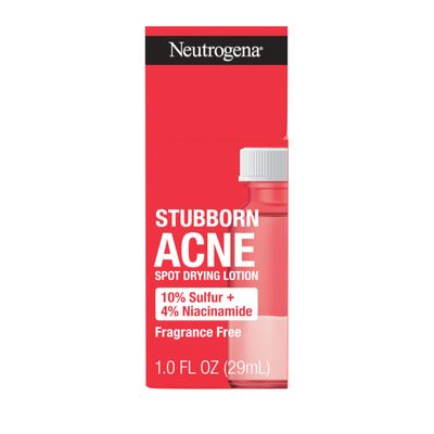 Neutrogena Stubborn Acne Spot Drying Lotion, Fragrance-Free Sulfur Acne Treatment Clears Acne By Drying Up &amp; Shrinking Pimples, Paraben- &amp; Oil-Free, 10 Sulfur &amp; 4 Niacinamide, 1.0 fl. oz