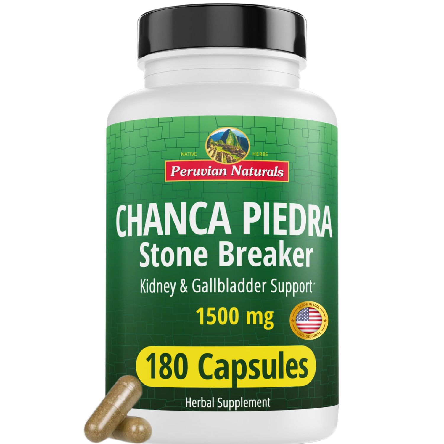 Peruvian Naturals Chanca Piedra Stone Breaker 180 Capsules - Kidney Stones Dissolver, Liver Detox, &amp; Gallbladder Supplements 1500mg per Serving Chancapiedra Stonebreaker Urinary Tract for Women &amp; Men