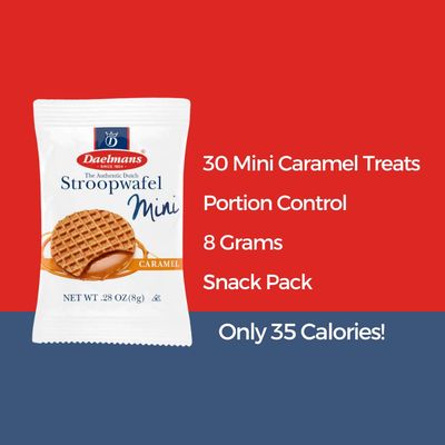 Stroopwafel Caramel Mini 30 Count. The Original Dutch Waffle Cookies. Individually Wrapped for Freshness, Made in Holland 0.28 Oz.