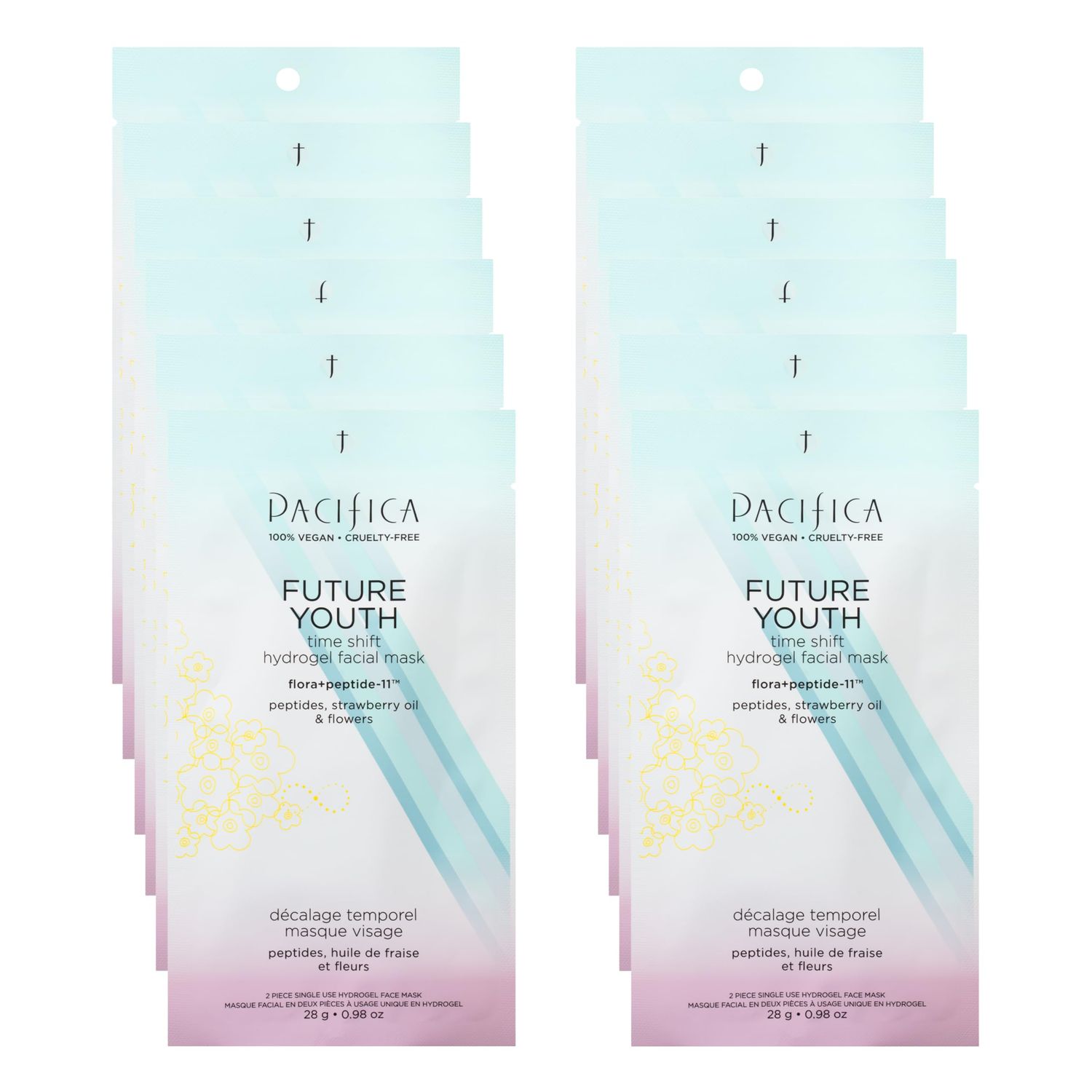 Pacifica Future Youth Time Shift Hydrogel Facial Mask - 12-PACK - Multi-Peptide Anti-Aging Sheet Mask for Firming &amp; Plumping, Ultra-Hydrating Serum-Infused Mask for Face &amp; Neck, 100 Vegan