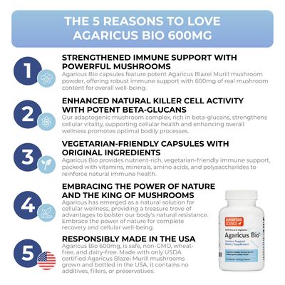 Agaricus Bio 600 mg Wellness Formula, Natural Killer Cell Activity -USA-Grown Organic Agaricus Blazei Murill Mushroom for Immune Support, Liver & Cellular Health, High Beta Glucan Supplements, 60 Caps